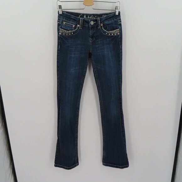 LA Idol Junior 5 Bootcut Boot Dark Whiskered Rhinestone Jeans Denim Low Rise - Picture 13 of 14